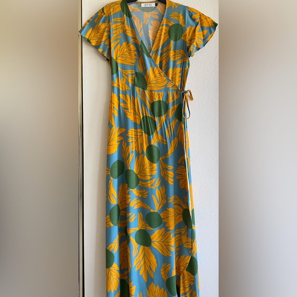Ava Sky Blue and Yellow Wrap Dress